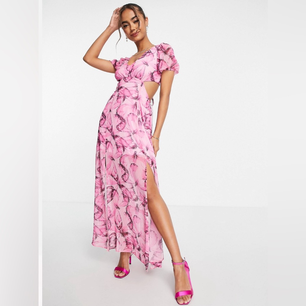 Miss Selfridge chiffon lace up back midaxi dress in butterfly print
